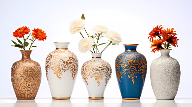 A flower on the right; art photography, a stock photo, Carlos Trillo Name, adobe photoshop’a group of four vases sitting next to each other on a white surface with a white background and a white backg