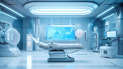 A futuristic medical room with a large monitor and medical equipment in it's center area