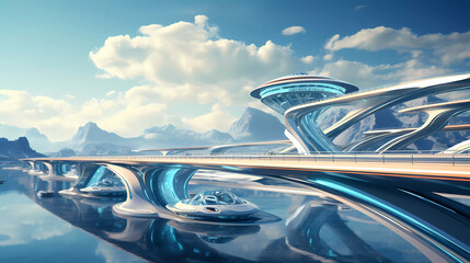 A futuristic highway with two cars driving on it and a bridge crossing over it with a lake in the background