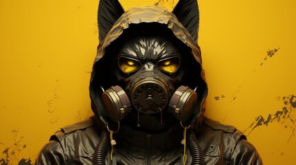 Illustrative black cat in protective chemical gear wearing a gas mask on a neutral background. Concept: poor background radiation, environmental problems and air purity