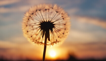Dandelion at sunset. Dandelion silhouette fluffy flower on sunset sky
