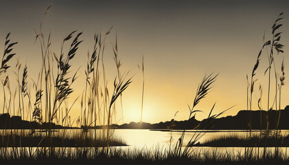 Tall grass growing silhouette in golden summer sunshine sunset