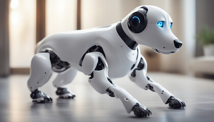 Cute robotic puppy. White small robot dog at home doors entrance
