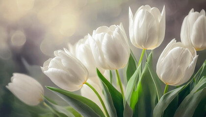 Piękne białe Tulipany, tapeta, dekoracja. Generative AI - obrazy, fototapety, plakaty