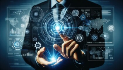 Obraz premium A businessman touches a high-tech holographic interface displaying gears and data analytics, symbolizing modern business solutions.