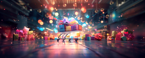 Fototapeta premium Shopping cart filled with a pile of colorful gifts inside a mall