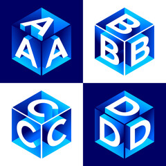 Isometric alphabet. 3d bold uppercase latin letters and numbers, geometric futuristic typography, cubic straight block english font different angles, simple abc isometry collection vector isolated set