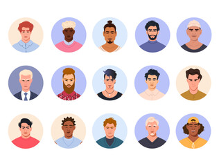 Portraits and avatars of young men of different appearance and nationality within the circles. A collection of faces and icons of male characters for user profiles. Avatars in circles. Vector graphic 