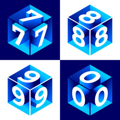 Isometric alphabet. 3d bold uppercase latin letters and numbers, geometric futuristic typography, cubic straight block english font different angles, simple abc isometry collection vector isolated set