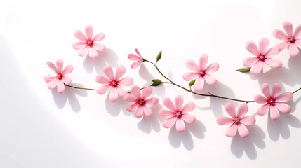 A group of pink flowers on a white background with a shadow of a flower on the left and a shadow of