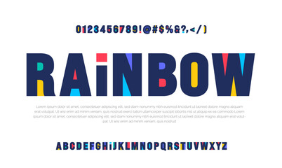 Modern creative minimal abstract digital rainbow colorful alphabet font with number design template set. Minimal urban sport fashion futuristic geometric technology Trendy style or kid logo typography
