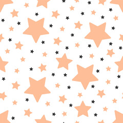 Vector seamless pattern with peach and black stars of different sizes on a white background. Simple cute pattern. Ideal for textiles, fabrics, packaging, wrapping paper and more