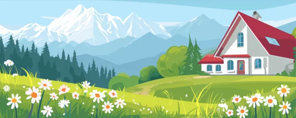  Banner, mountain house in spring, flat illustration vector, spring, mountains, mountain house, naive art, landscape illustration, detailed 2d illustration, flat illustration © Irina