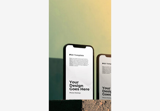 Mobile Mockup Phone Template: Two Phones on Ledge - Green, Yellow, Pink, Blue & White Backgrounds with Light Green Wall - Stock Photo