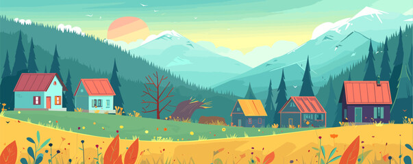 Banner, mountain house in spring, flat illustration vector, spring, mountains, mountain house, naive art, landscape illustration, detailed 2d illustration, flat illustration