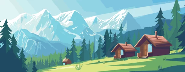 Tuinposter Banner, mountain house in spring, flat illustration vector, spring, mountains, mountain house, naive art, landscape illustration, detailed 2d illustration, flat illustration © Irina