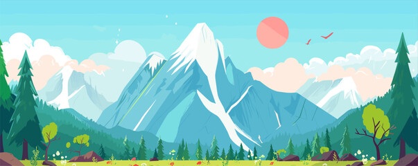 Banner, mountain house in spring, flat illustration vector, spring, mountains, mountain house, naive art, landscape illustration, detailed 2d illustration, flat illustration