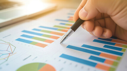Strategic Business Analysis, Hand Pointing at Colorful Data Charts - The Art of Performance Metrics and Decision-Making