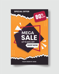 Sale promotion flat banner template with a orange background and paper shape with a shadow.
