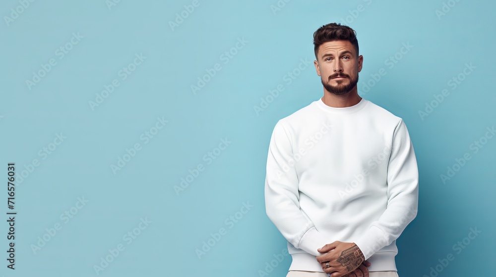 Poster Portrait of smiling man wearing white sweater in light blue studio background