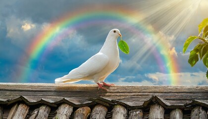 Peaceful Landing: White Dove with Olive Leaf on Noah's Ark Rooftop