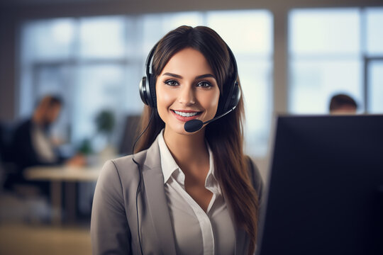 Portrait of smiling beautiful woman customer service representative working. Call center operator at office. AI