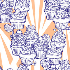 Tasty sweet cupcake dessert decorative seamless vector pattern for textile design, fabric print, digital or wrapping, wall paper, background and backdrop, bakery shop decoration, cafe, restaurant menu