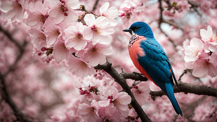 Bluebird on Sakura branch with pink flowers in spring time. generative ai Free Photo