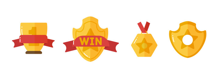 Award for winners. Set of gold awards icons of success and victory with trophies, stars, cups, ribbons, medals. Gold cups, medals and other sports trophies for winners in flat vector design.