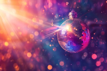 disco ball suspended in lights shining - obrazy, fototapety, plakaty