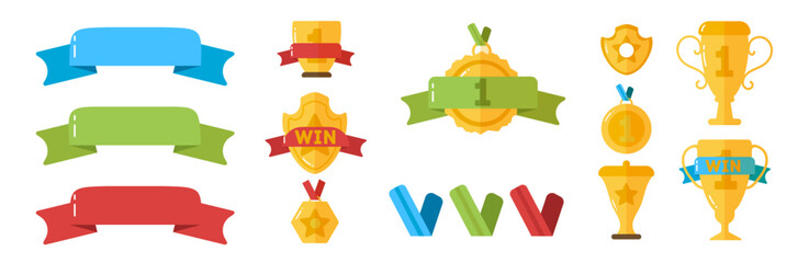 Award for winners. Set of gold awards icons of success and victory with trophies, stars, cups, ribbons, medals. Gold cups, medals and other sports trophies for winners in flat vector design.