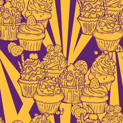 Tasty sweet cupcake dessert decorative seamless vector pattern for textile design, fabric print, digital or wrapping, wall paper, background and backdrop, bakery shop decoration, cafe, restaurant menu
