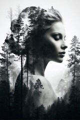 Woman in Forest, Captivating Black and White Photo of a Serene Scene. Generative AI.