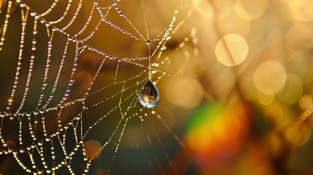 A dewdrop clinging to a spiderweb, refracting the morning light into a miniature rainbow,