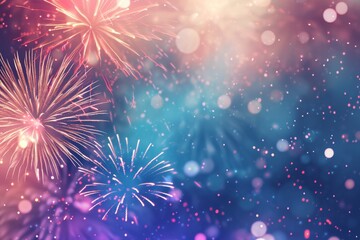 Fototapeta premium Multiple bursts of fireworks are visible in reds and blues with hints of purple and pink hues