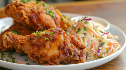 Crispy golden fried chicken with a side of coleslaw