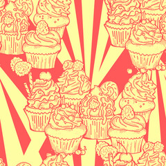 Tasty sweet cupcake dessert decorative seamless vector pattern for textile design, fabric print, digital or wrapping, wall paper, background and backdrop, bakery shop decoration, cafe, restaurant menu