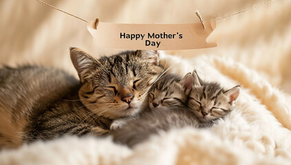 Cat with kitten sleeping together under a tag with Mother's Day greetings. The concept of maternal care.