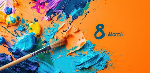 Painting and brushes with the inscription 8 March on an orange background. The concept of...