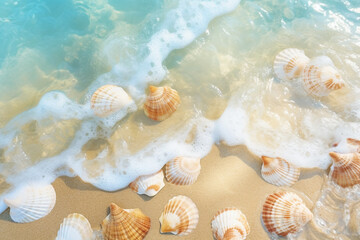 Fototapeta na wymiar Summer Daytime Shells And Water Waves Outdoor Shells And Water Waves Photography Map Background