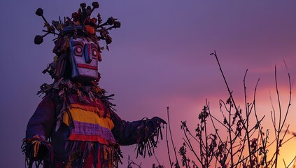 A scary scarecrow in a patchwork cloak against a sunset background. The concept of Maslenitsa and farewell to winter.