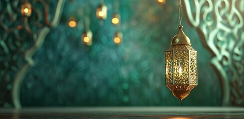 Islamic lantern against a patterned wall. The concept of light and Ramadan traditions.