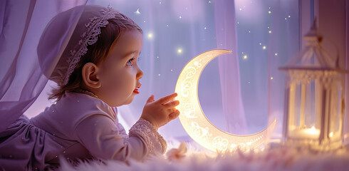 Fototapeta na wymiar Little girl gazing at the moon. The concept of Ramadan and childlike wonder.