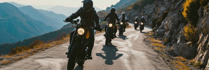 Group of motorcyclists riding on the road in the mountains. Motocross. Enduro. Extreme sport...