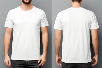 Modern plain white t-shirt mockup template in photo studio setting with male model - front and back views, stylish apparel mockup for fashion brand presentation