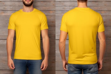 Male model in yellow t-shirt mockup: photo studio views, front and back - apparel template for designers and creatives - Powered by Adobe