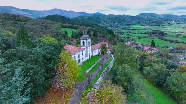 Landscape from the Sanctuary of Our Lady of Cantonad in the town of Vivanco de Mena. Aerial view from a drone. Mena Valley. Las Merindades region. Province of Burgos. Spain. Europe