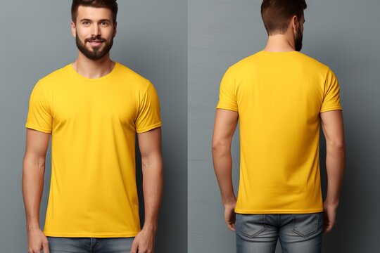 Male model in yellow t-shirt mockup: photo studio views, front and back - apparel template for designers and creatives