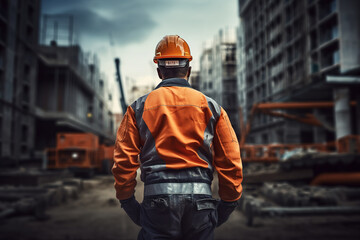 Back view of construction worker with orange safety uniform and hard hat on construction site.