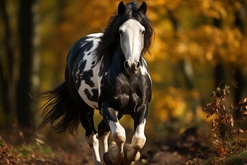 Tinker horse breed in its natural habitat against the backdrop of a forest and clearing. Concept: for use in materials about equestrian sports, agriculture and nature.
 - obrazy, fototapety, plakaty